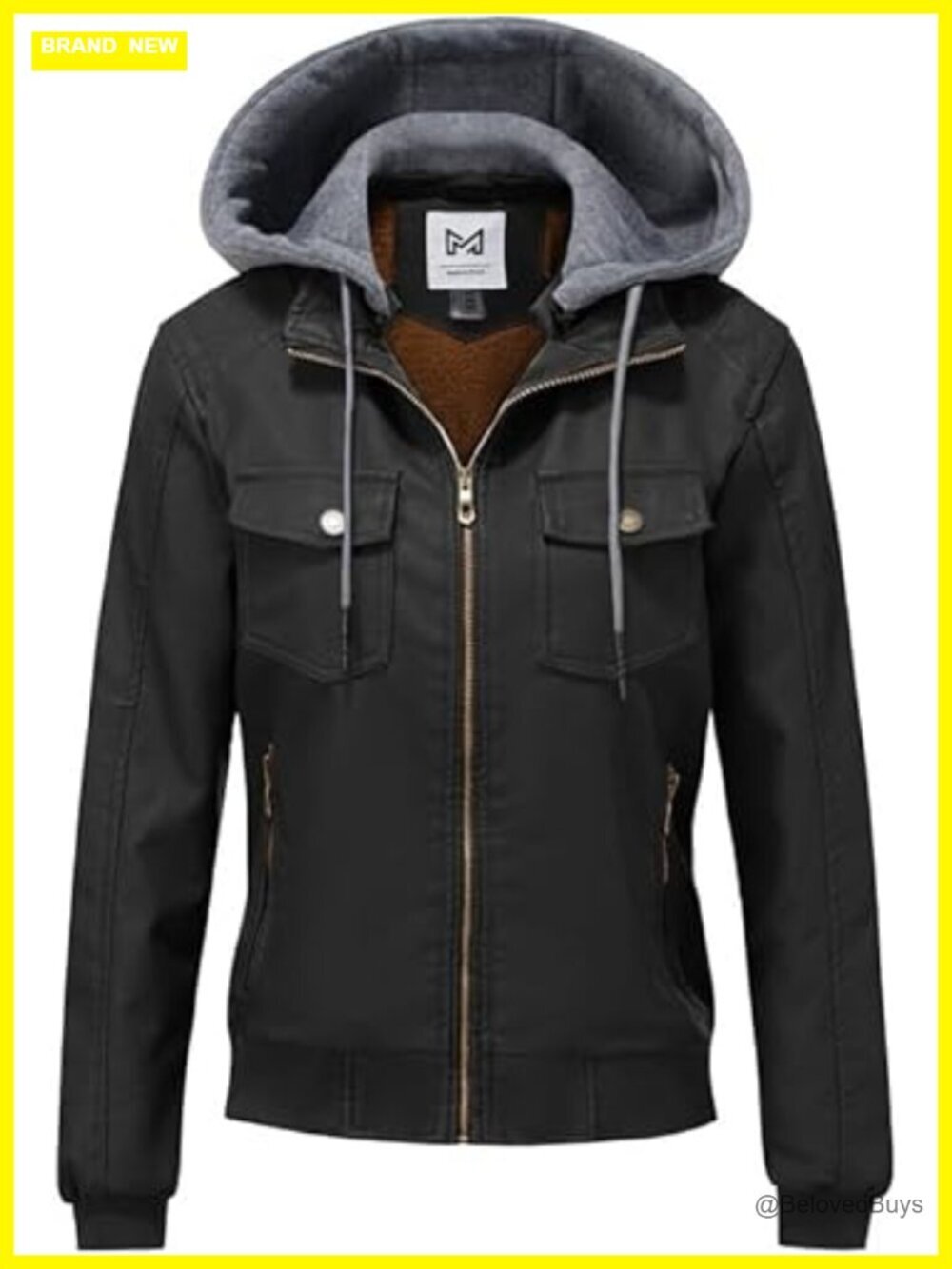 Women's Faux Leather Motorcycle Bomber Jacket with Removable Hood